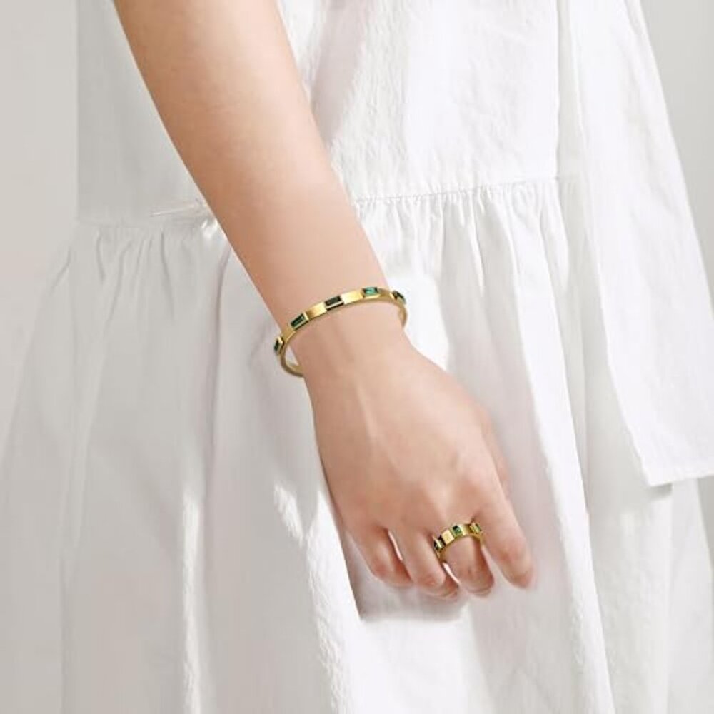 Neiman Marcus 18K Gold Plated Green Emerald Birthstone Bangle Bracelet